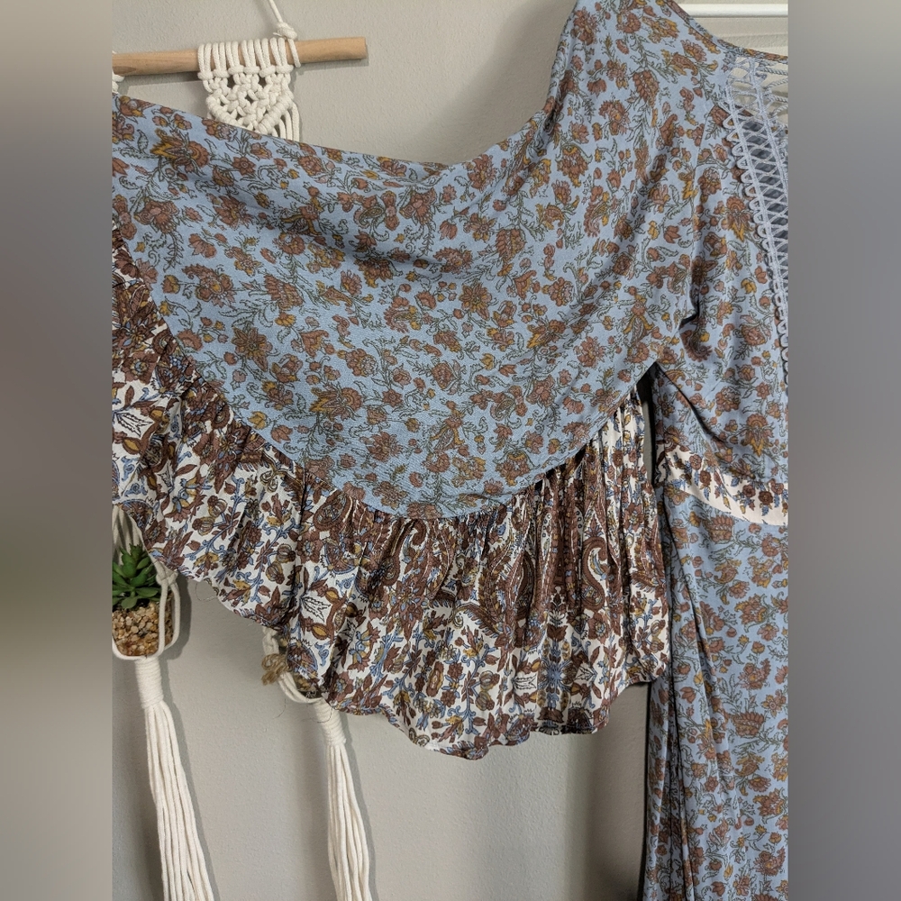 Free People All Mixed Up Lace Up Flare Sleeve Ruffle Hem Maxi Boho Dress 6 - Picture 12 of 15